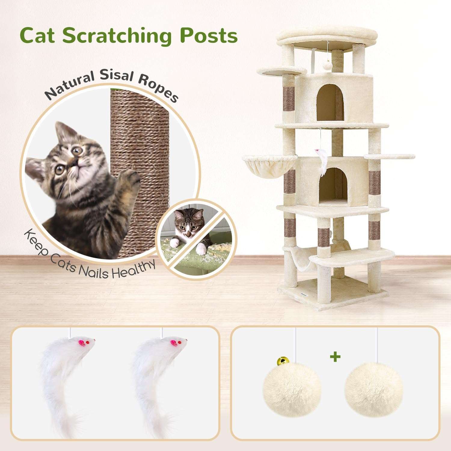 Torre rascador esquinera de 168 centimetros con base de 50 por 50 cm. Diseño curvo con hamaca cuadrada y cesta redonda para gatos.