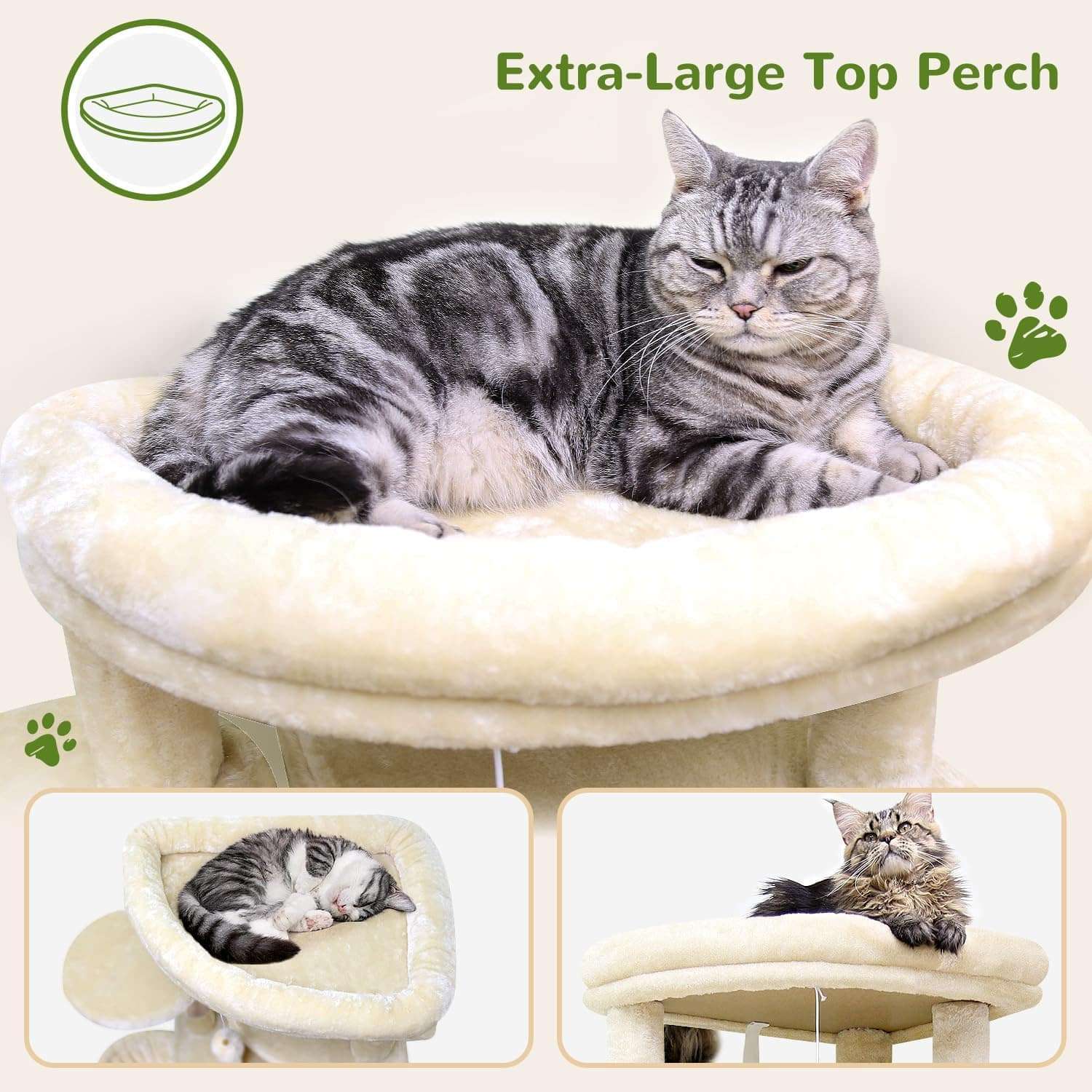 Torre rascador esquinera de 168 centimetros con base de 50 por 50 cm. Diseño curvo con hamaca cuadrada y cesta redonda para gatos.
