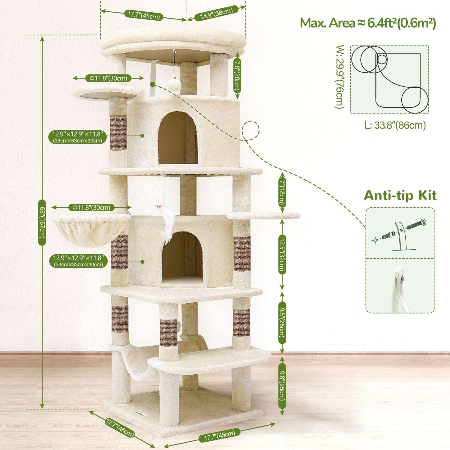 Torre rascador esquinera de 168 centimetros con base de 50 por 50 cm. Diseño curvo con hamaca cuadrada y cesta redonda para gatos.