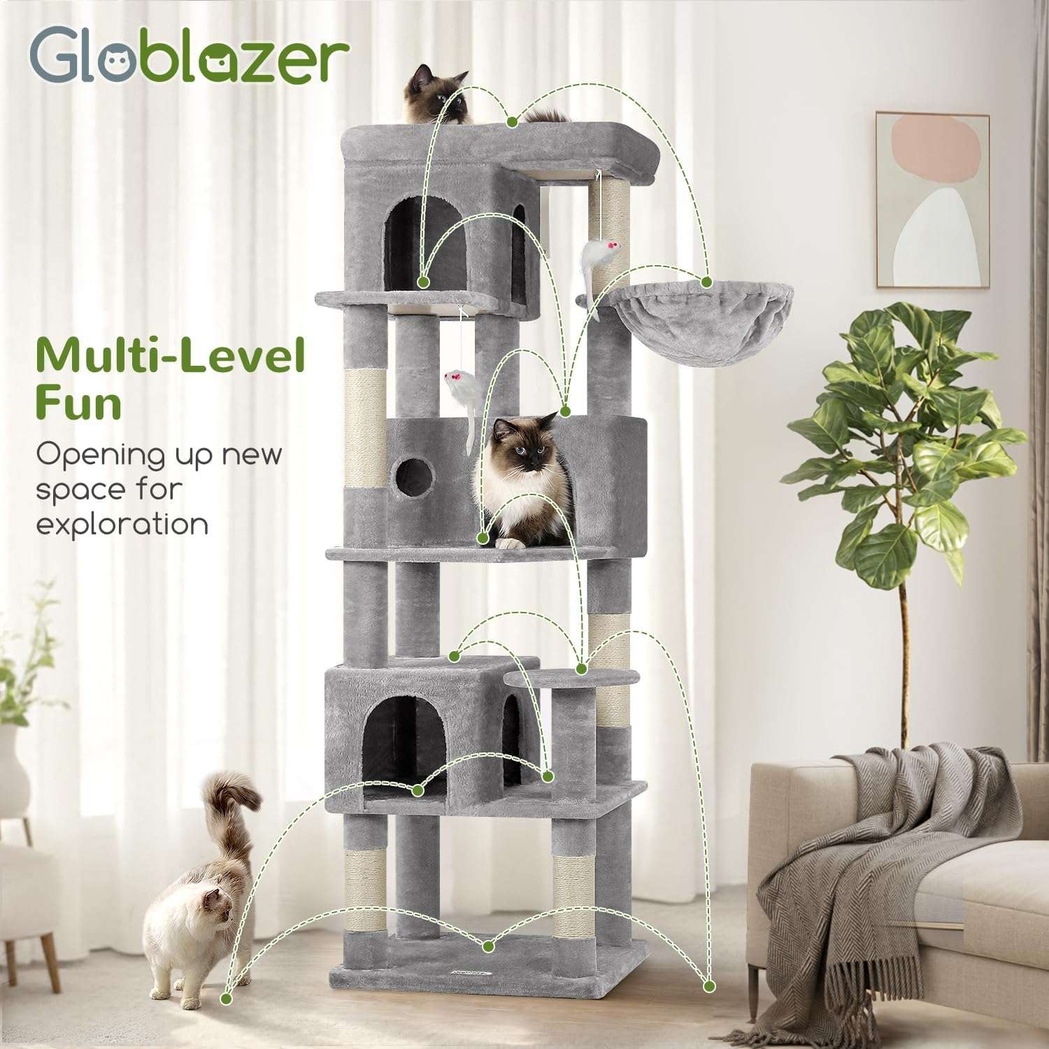 Texto Alternativo Torre rascador esquinera para gatos con tres condominios y plataforma extra grande.