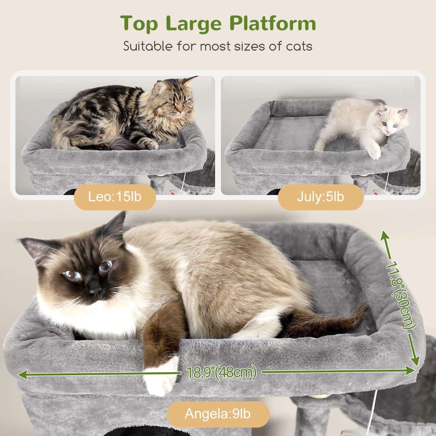 Texto Alternativo Torre rascador esquinera para gatos con tres condominios y plataforma extra grande.