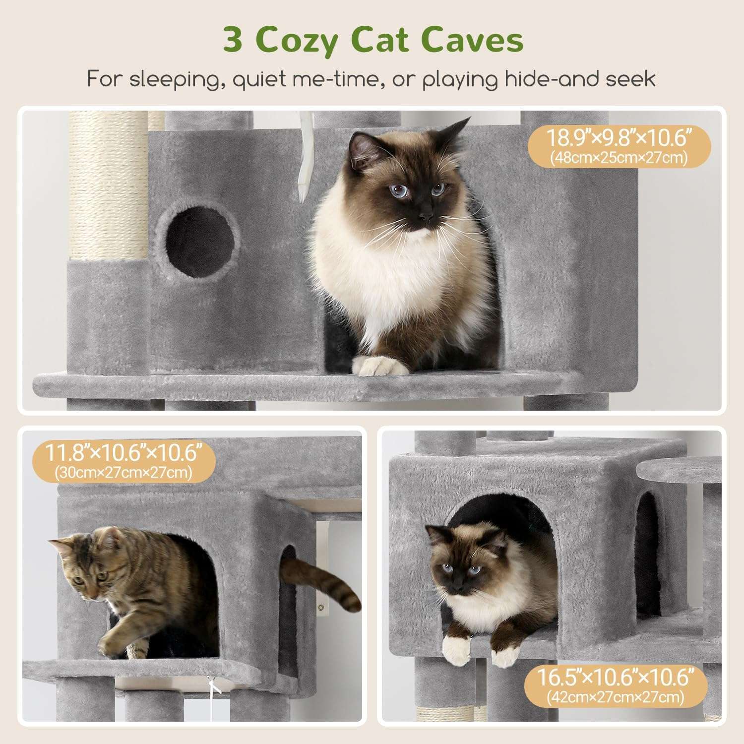 Texto Alternativo Torre rascador esquinera para gatos con tres condominios y plataforma extra grande.