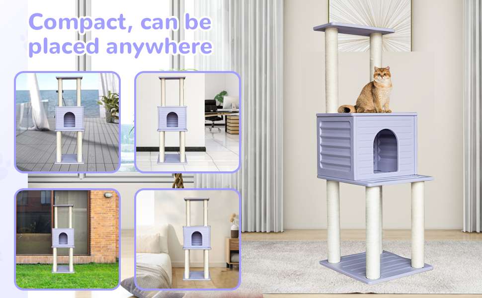 Torre rascador de exterior de 156 centimetros. Casa impermeable y anti UV de polietileno para dos gatos.