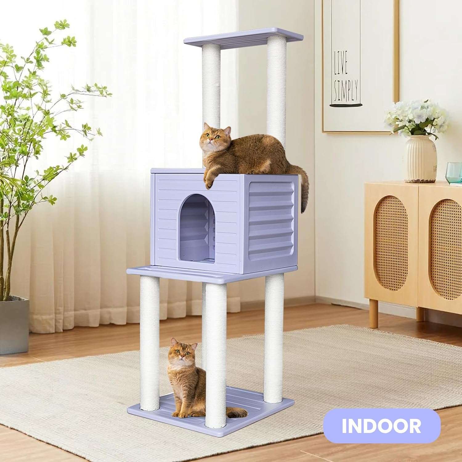 Torre rascador de exterior de 156 centimetros. Casa impermeable y anti UV de polietileno para dos gatos.