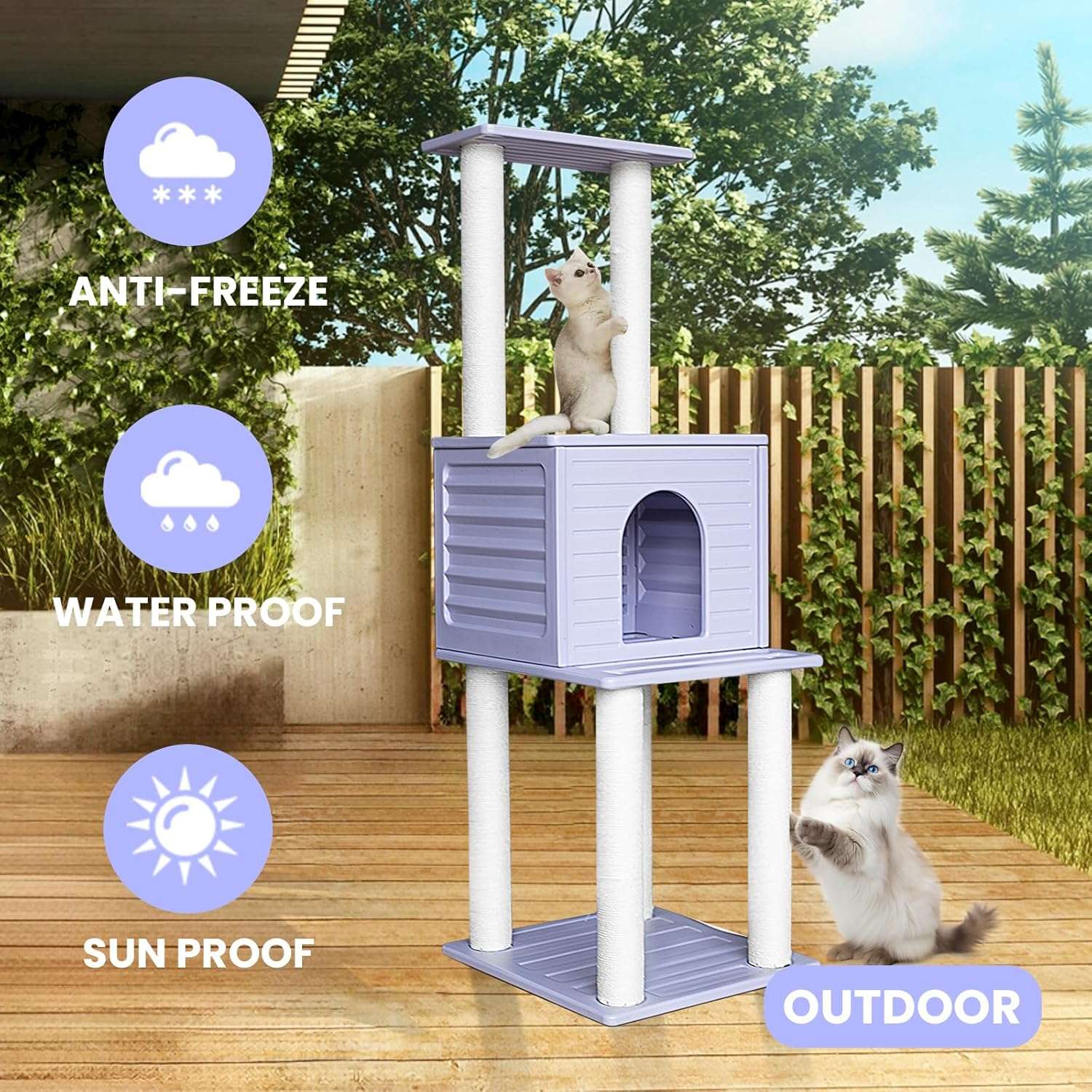 Torre rascador de exterior de 156 centimetros. Casa impermeable y anti UV de polietileno para dos gatos.