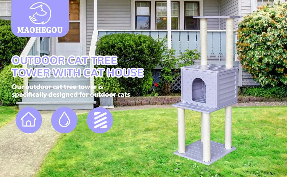 Torre rascador de exterior de 156 centimetros. Casa impermeable y anti UV de polietileno para dos gatos.