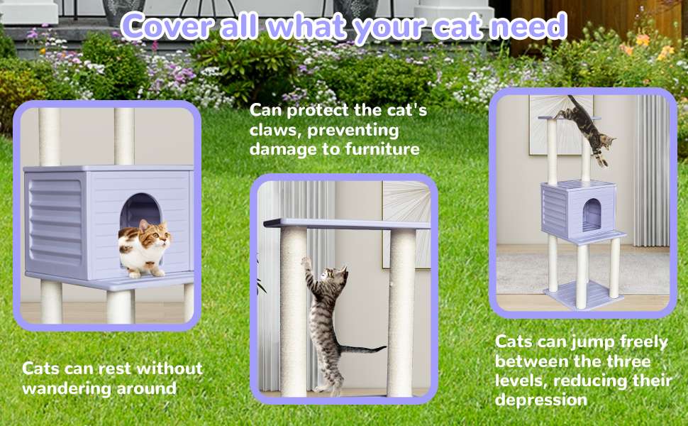 Torre rascador de exterior de 156 centimetros. Casa impermeable y anti UV de polietileno para dos gatos.