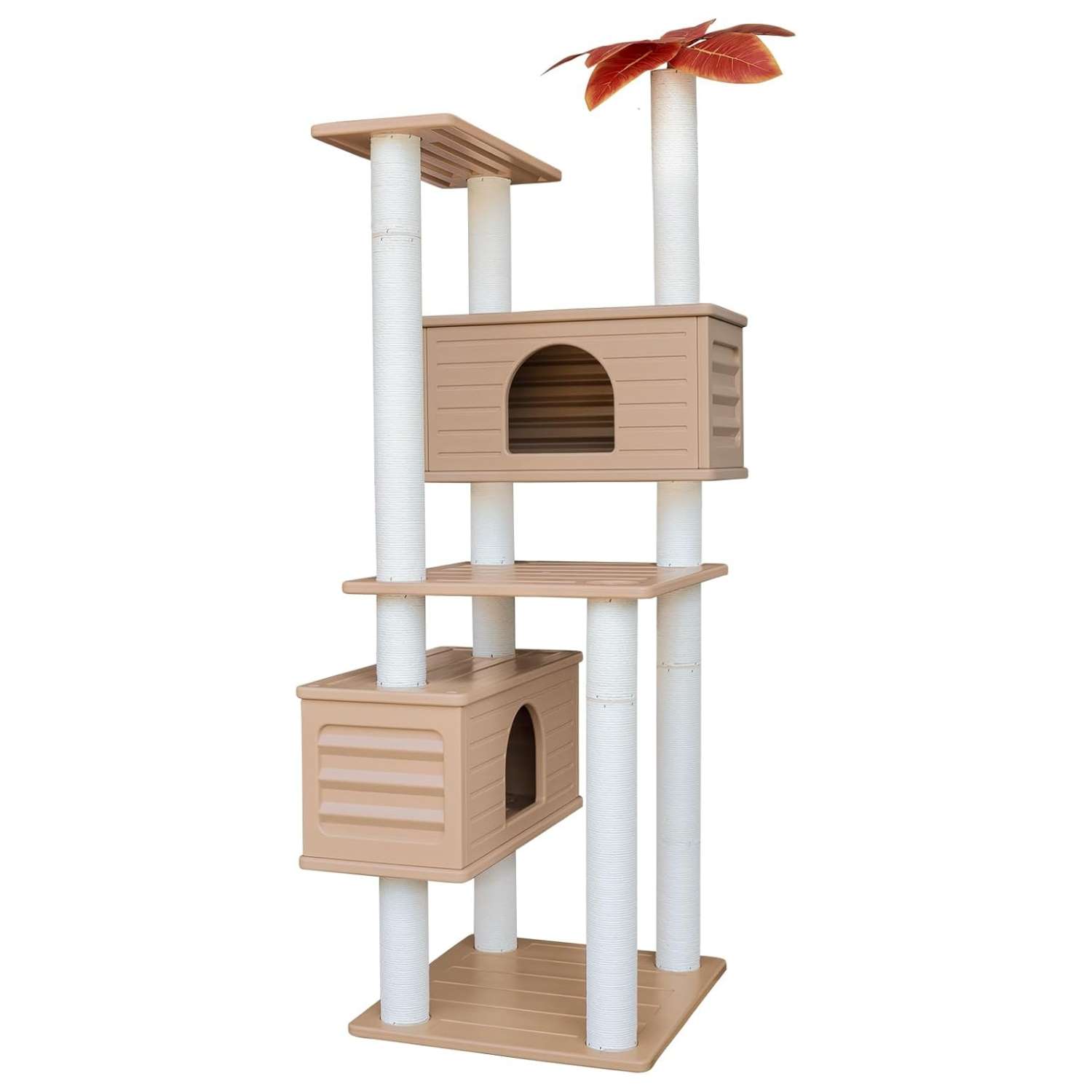 Torre rascador de 165 cm para exterior. Material impermeable, accesorios inoxidables y doble condominio para varios gatos.