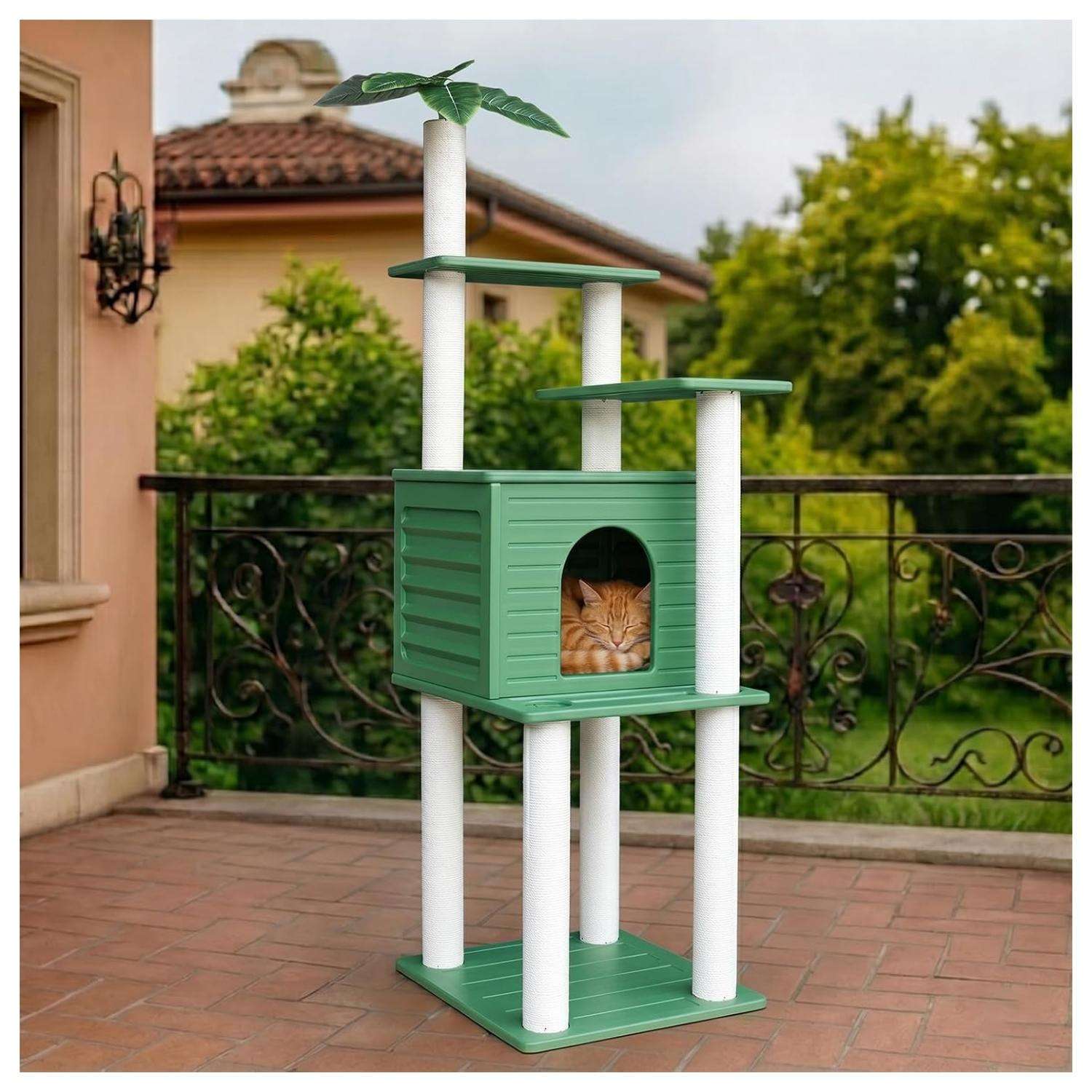 Torre rascador de exterior extra alta (185 centimetros) impermeable con condominio y base pequeña. Accesorios inoxidables para varios gatos.