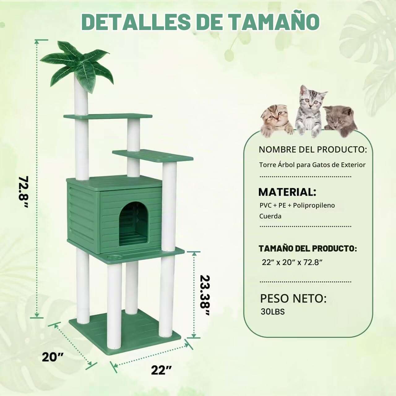 Torre rascador de exterior extra alta (185 centimetros) impermeable con condominio y base pequeña. Accesorios inoxidables para varios gatos.