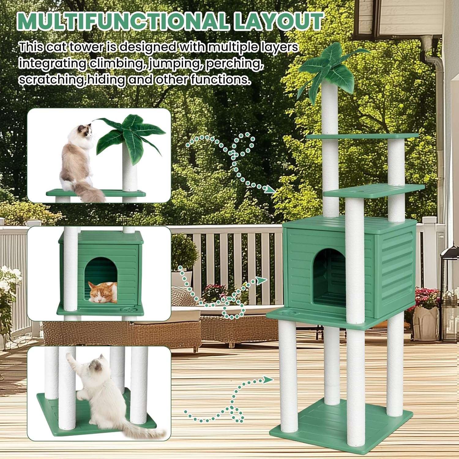 Torre rascador de exterior extra alta (185 centimetros) impermeable con condominio y base pequeña. Accesorios inoxidables para varios gatos.