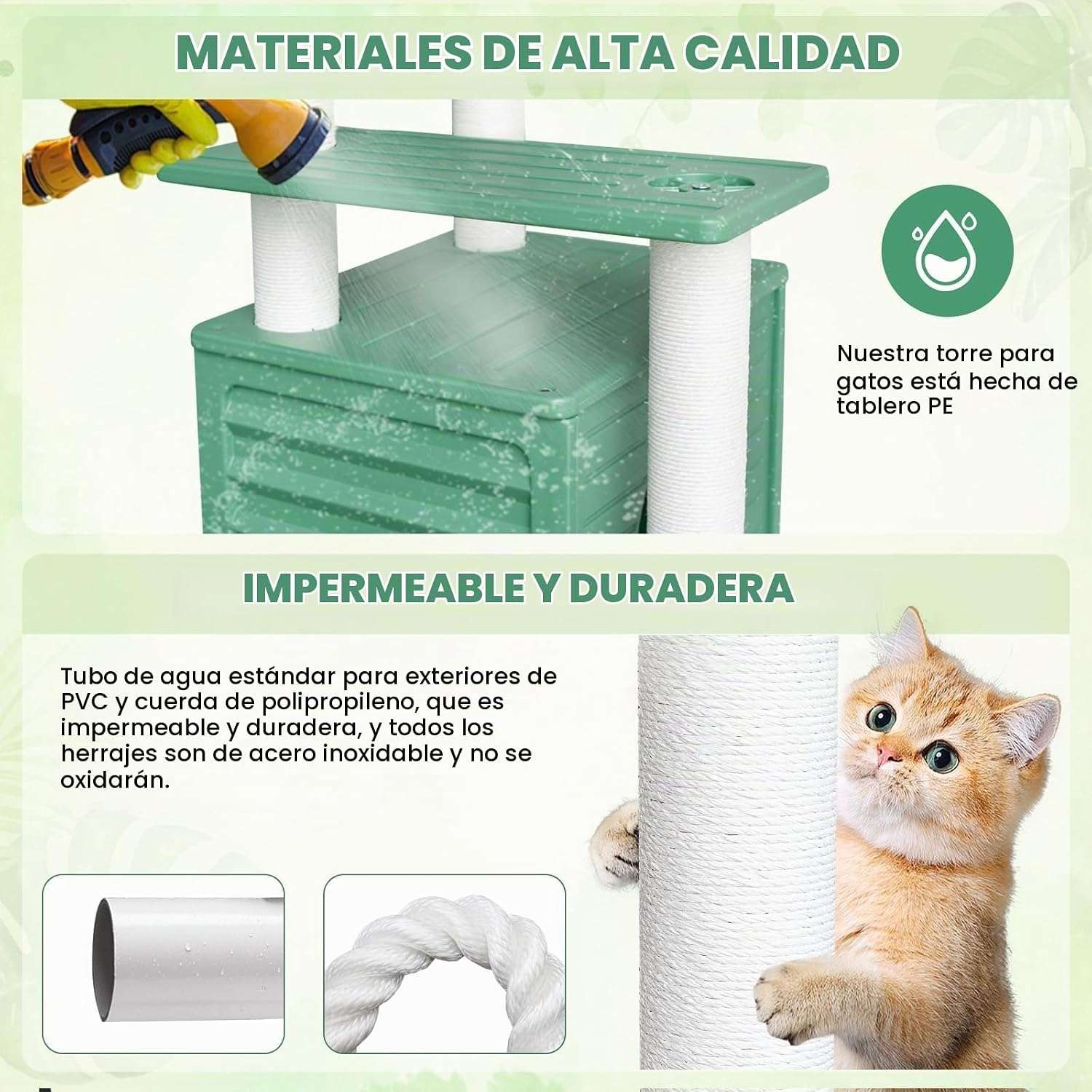 Torre rascador de exterior extra alta (185 centimetros) impermeable con condominio y base pequeña. Accesorios inoxidables para varios gatos.
