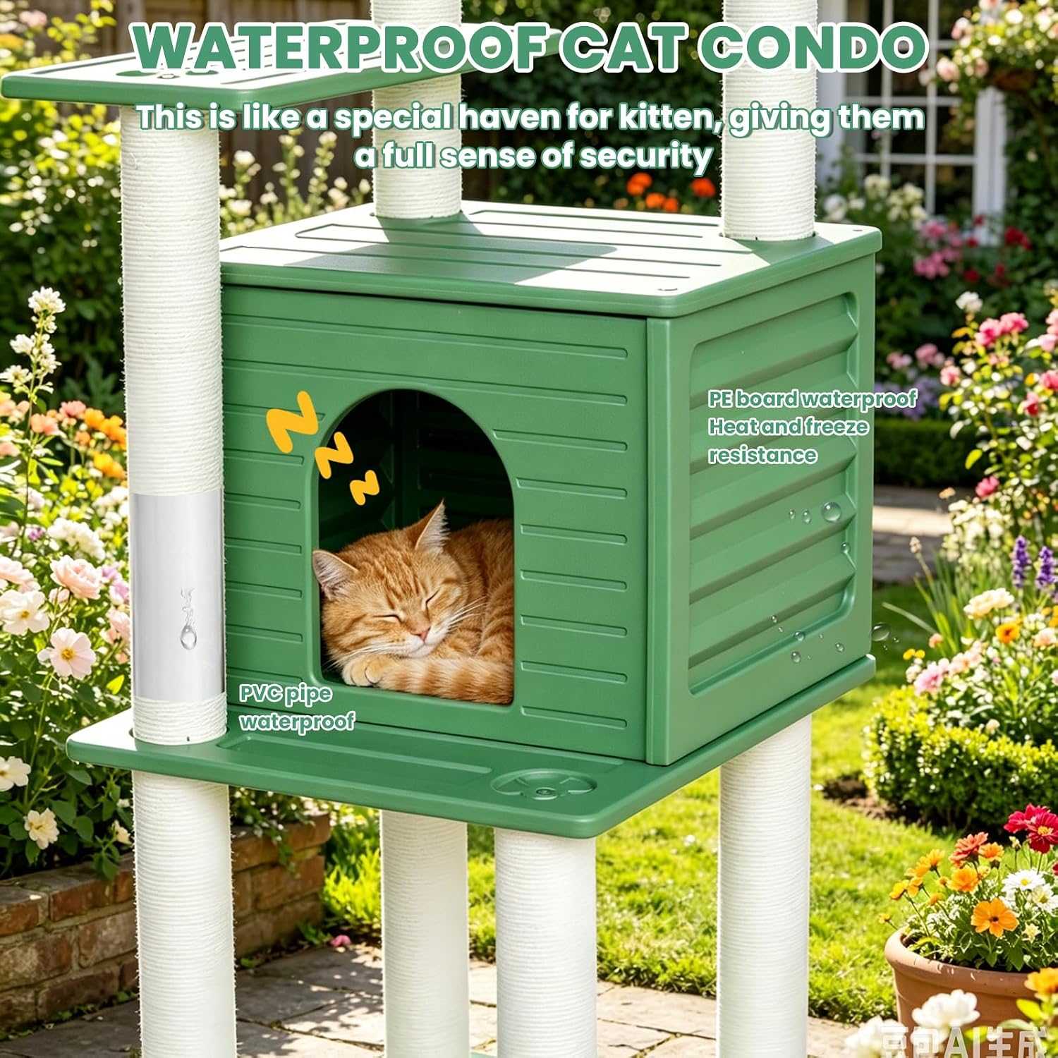 Torre rascador de exterior extra alta (185 centimetros) impermeable con condominio y base pequeña. Accesorios inoxidables para varios gatos.