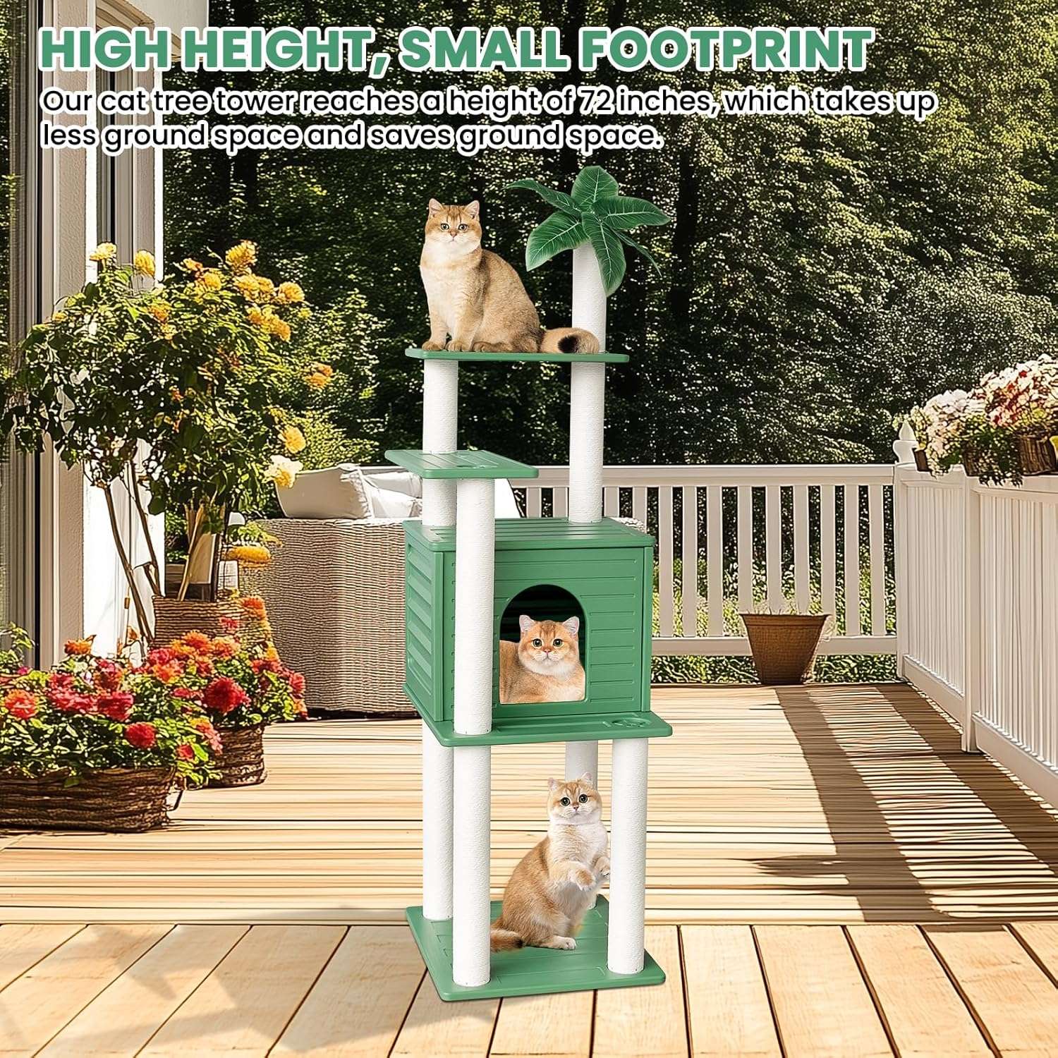 Torre rascador de exterior extra alta (185 centimetros) impermeable con condominio y base pequeña. Accesorios inoxidables para varios gatos.