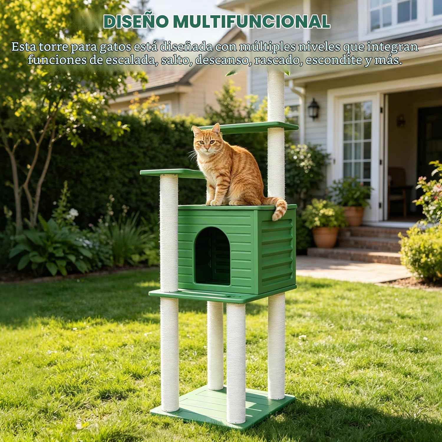 Torre rascador de exterior extra alta (185 centimetros) impermeable con condominio y base pequeña. Accesorios inoxidables para varios gatos.