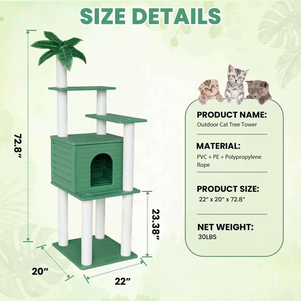 Torre rascador de exterior extra alta (185 centimetros) impermeable con condominio y base pequeña. Accesorios inoxidables para varios gatos.