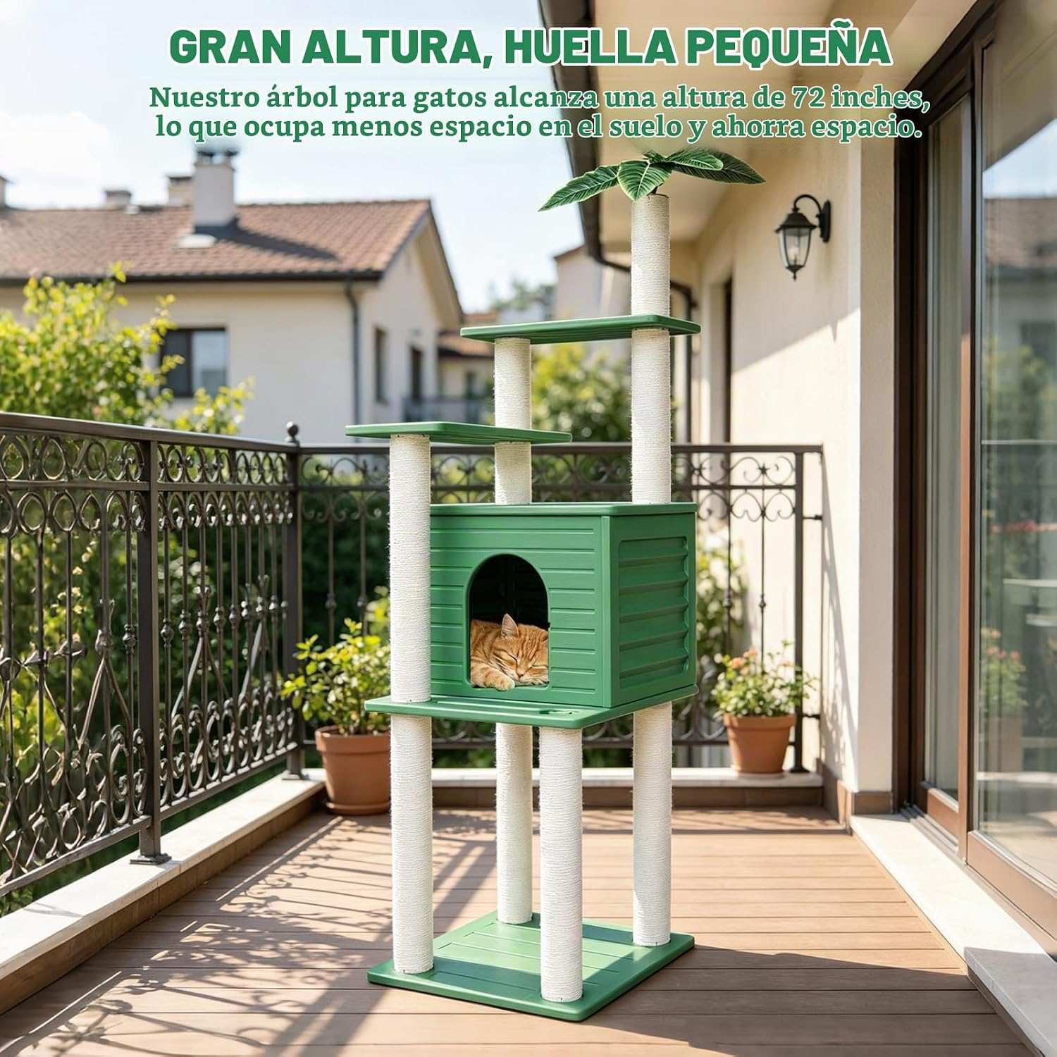 Torre rascador de exterior extra alta (185 centimetros) impermeable con condominio y base pequeña. Accesorios inoxidables para varios gatos.