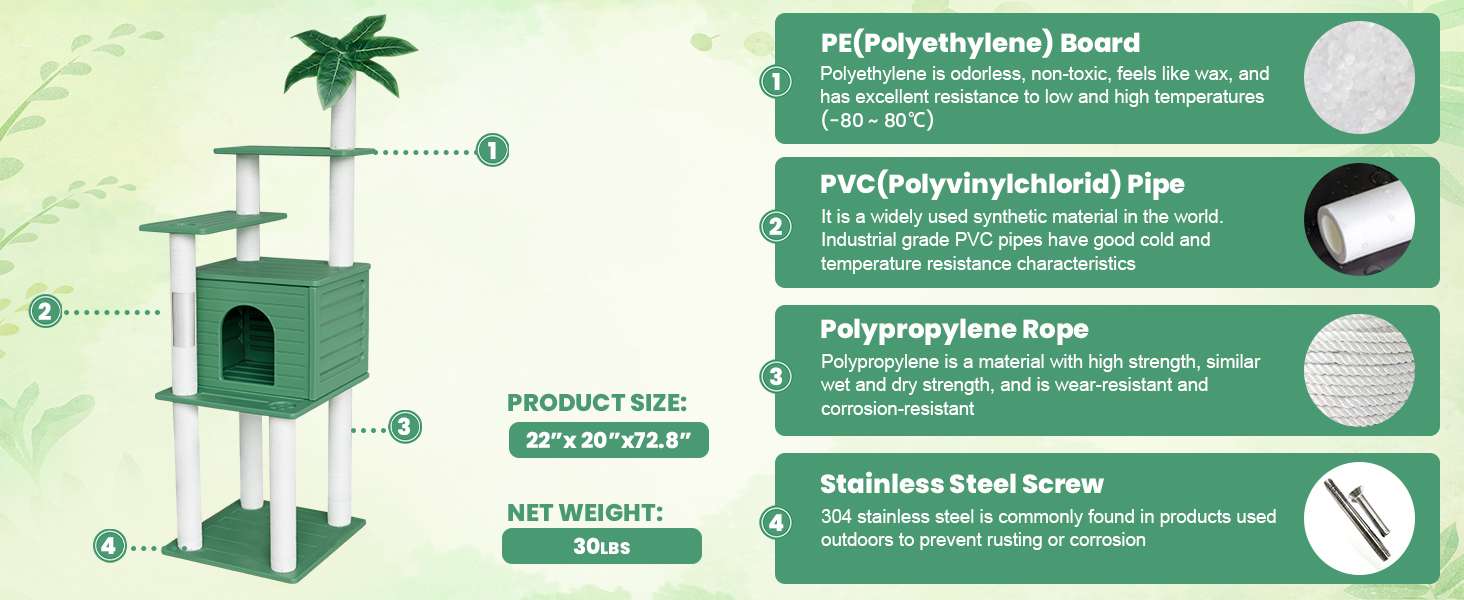 Torre rascador de exterior extra alta (185 centimetros) impermeable con condominio y base pequeña. Accesorios inoxidables para varios gatos.
