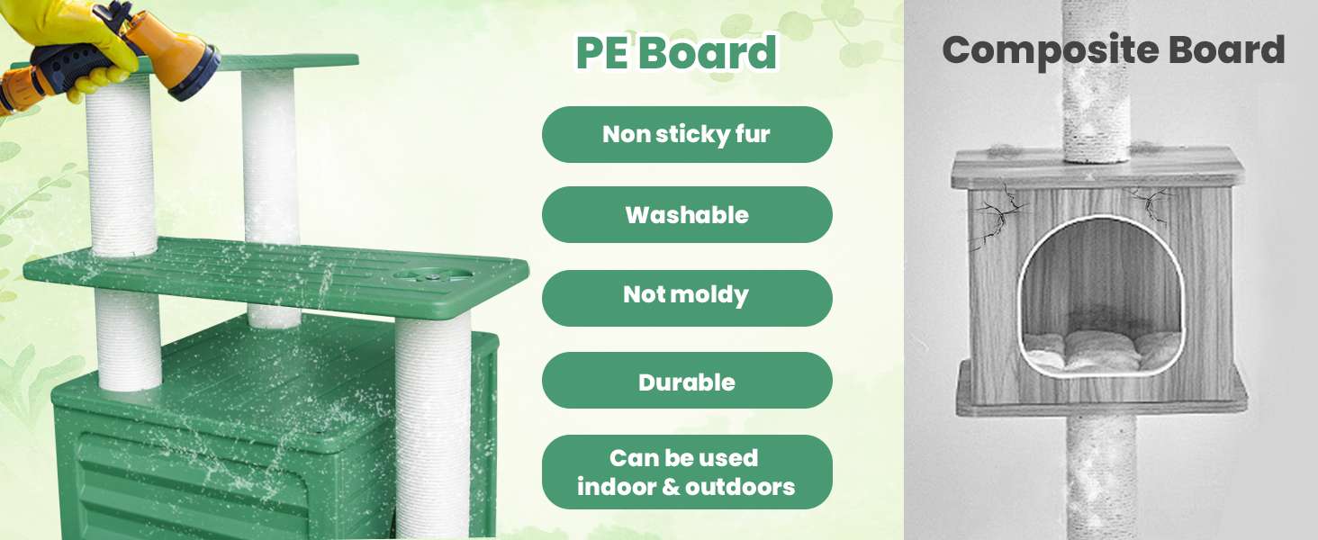 Torre rascador de exterior extra alta (185 centimetros) impermeable con condominio y base pequeña. Accesorios inoxidables para varios gatos.