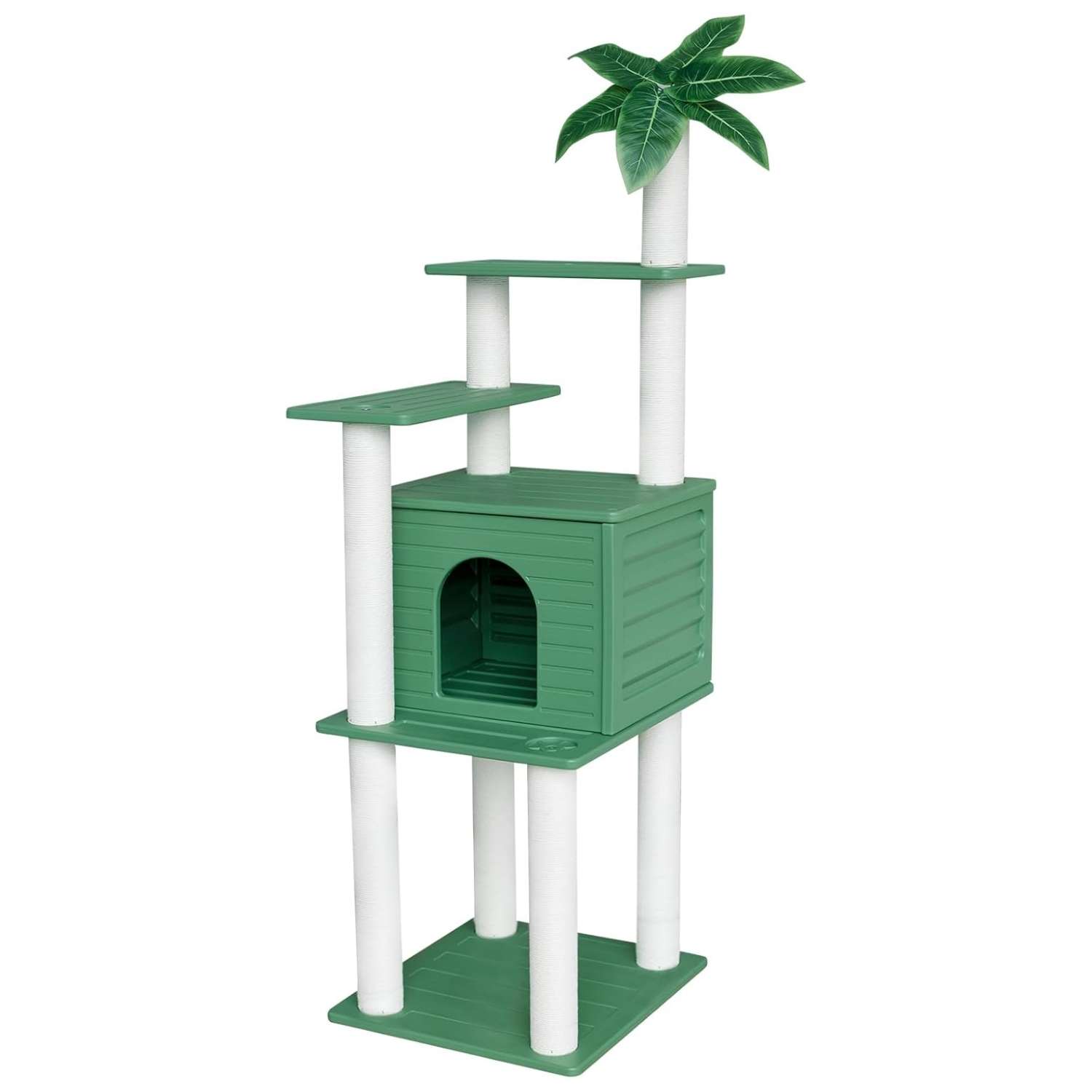 Torre rascador de exterior extra alta (185 centimetros) impermeable con condominio y base pequeña. Accesorios inoxidables para varios gatos.