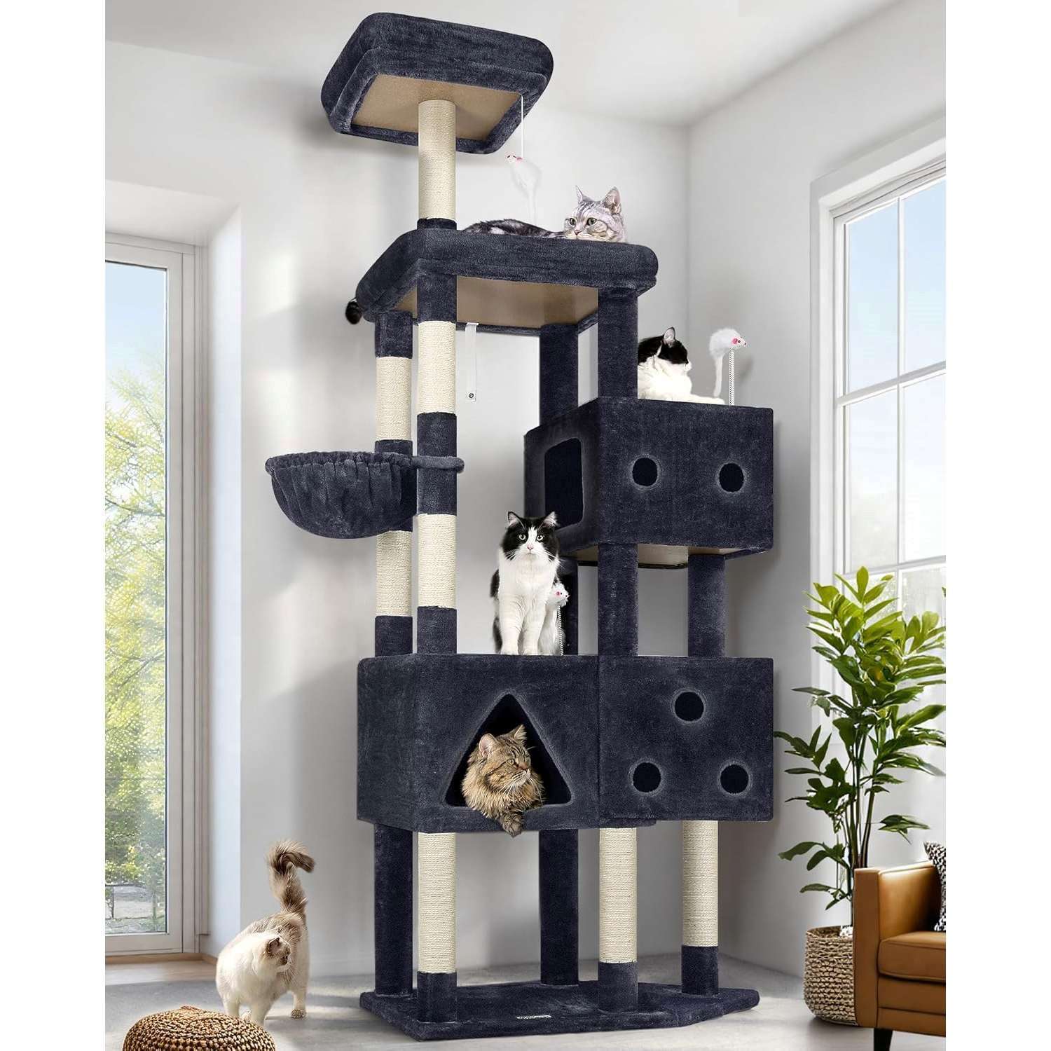 orre rascador gigante de 207 centimetros con base de 85x45 cm. Soporta 6 gatos grandes con 3 condominios y cesta.