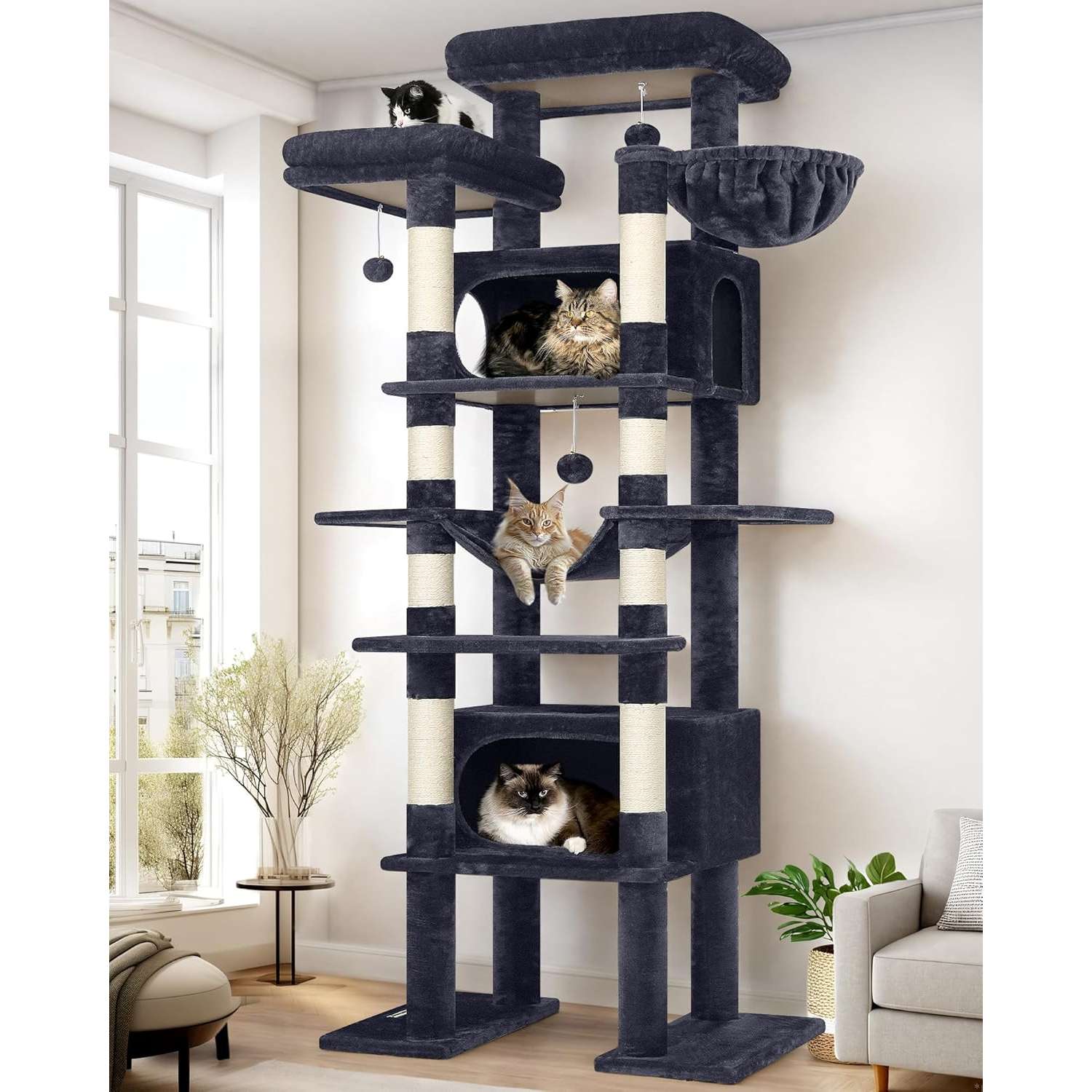 Torre rascador gigante de 212 centimetros con doble condominio y cesta colgante. 8 postes de sisal para varios gatos grandes.