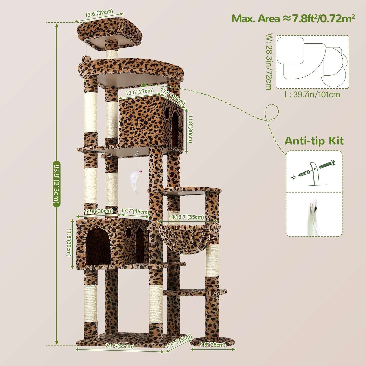 Torre rascador gigante de 213 centimetros con diseño leopardo y estructura trapezoidal estable para gatos grandes.