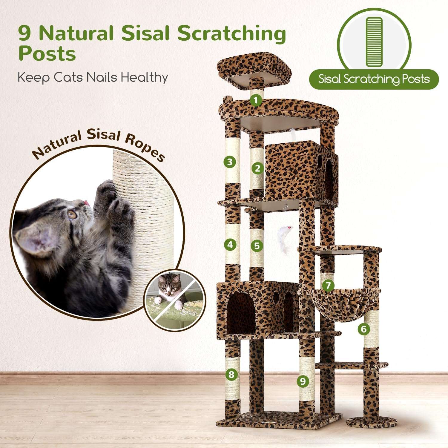 Torre rascador gigante de 213 centimetros con diseño leopardo y estructura trapezoidal estable para gatos grandes.