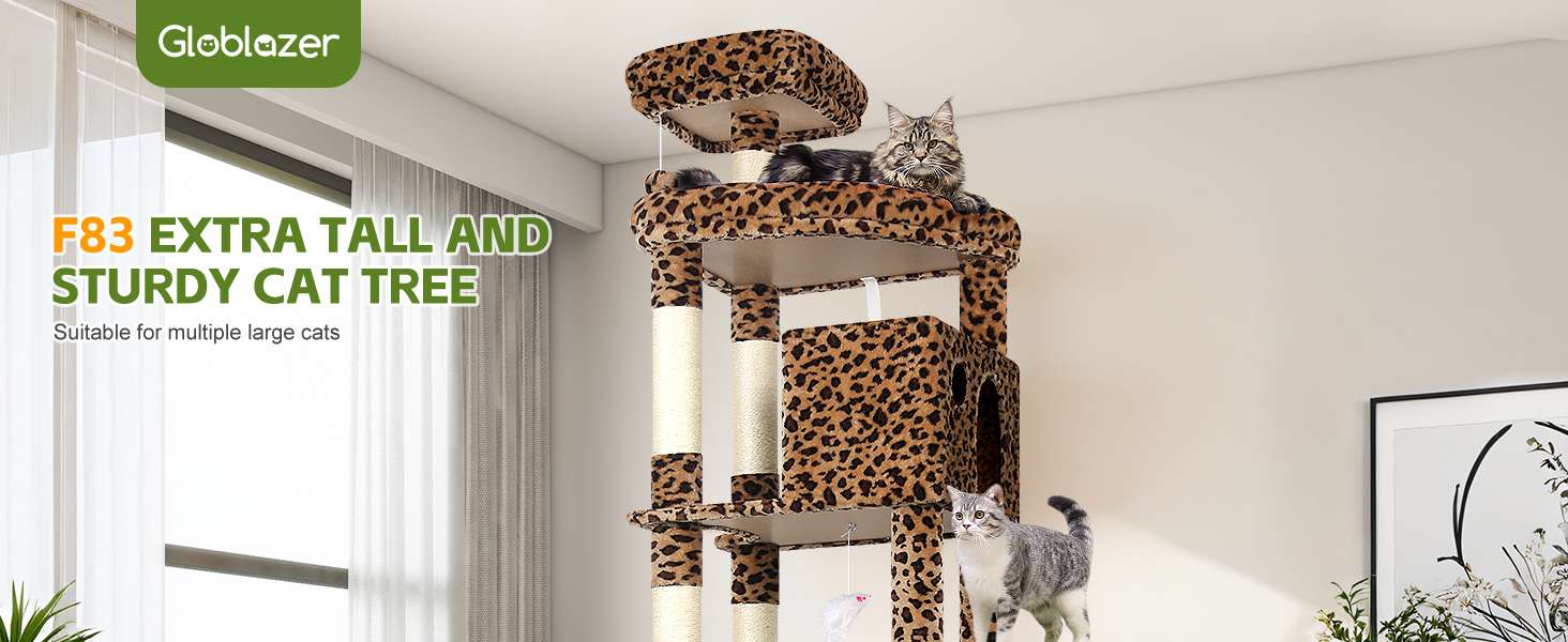 Torre rascador gigante de 213 centimetros con diseño leopardo y estructura trapezoidal estable para gatos grandes.