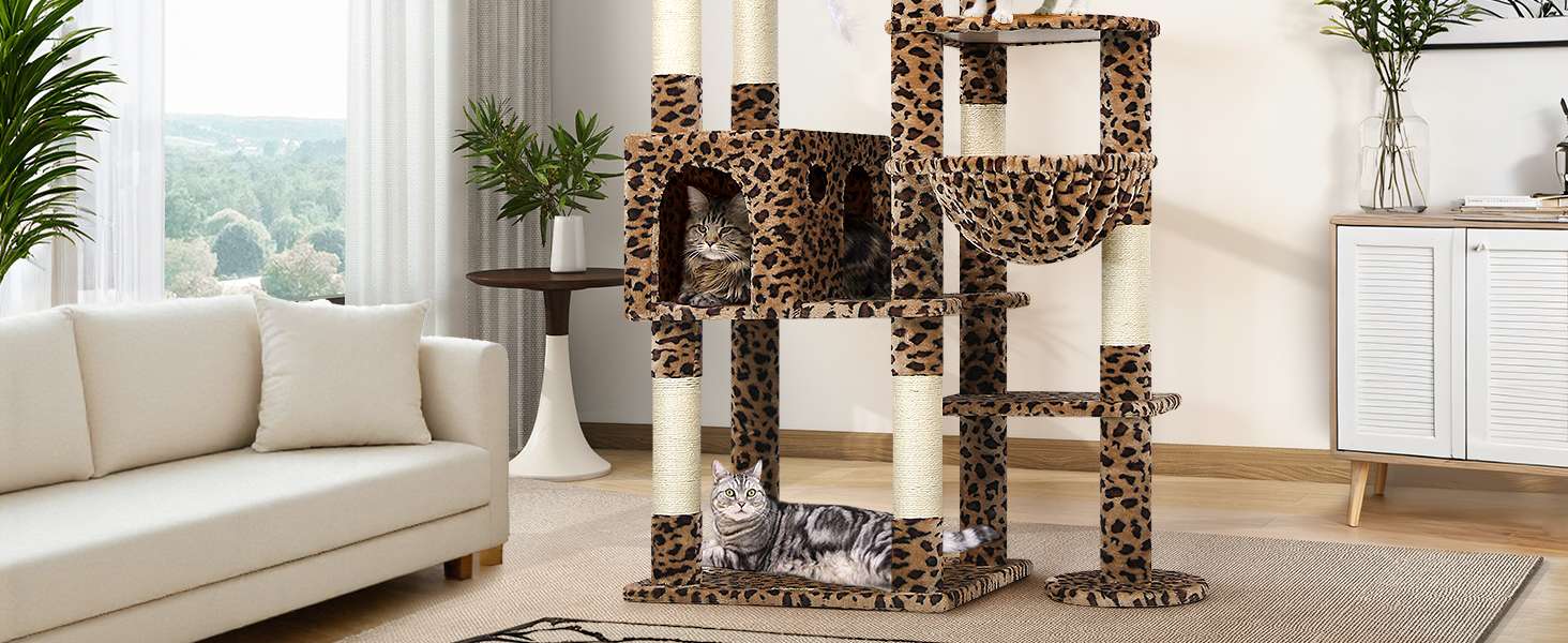 Torre rascador gigante de 213 centimetros con diseño leopardo y estructura trapezoidal estable para gatos grandes.