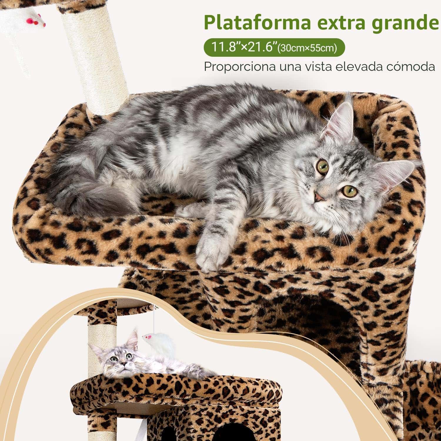 Torre rascador de 183 centimetros con diseño leopardo y estructura triangular estable. Incluye cama movil para gatos grandes.