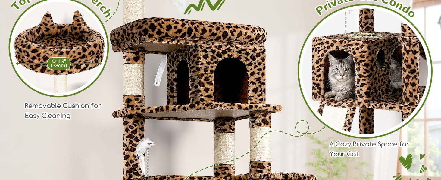 Torre rascador de 183 centimetros con diseño leopardo y estructura triangular estable. Incluye cama movil para gatos grandes.