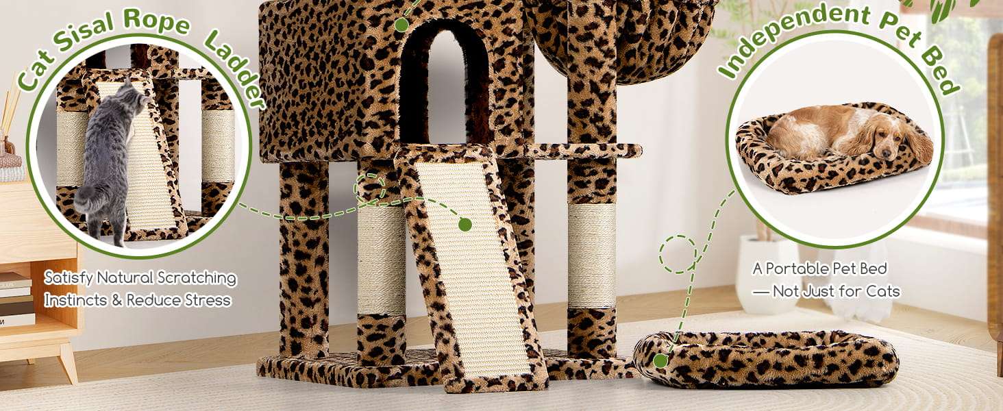 Torre rascador de 183 centimetros con diseño leopardo y estructura triangular estable. Incluye cama movil para gatos grandes.
