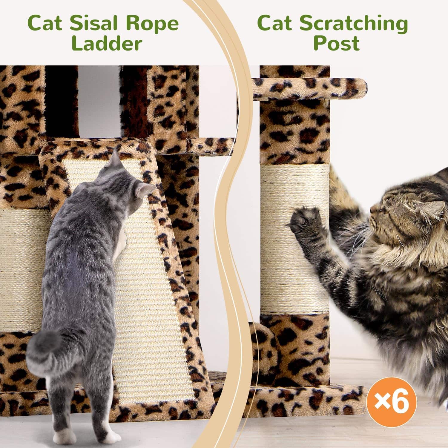Torre rascador de 183 centimetros con diseño leopardo y estructura triangular estable. Incluye cama movil para gatos grandes.