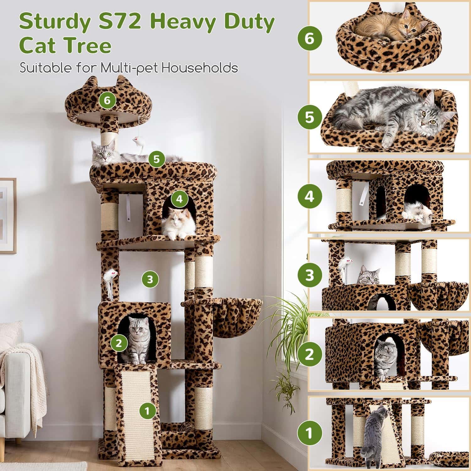 Torre rascador de 183 centimetros con diseño leopardo y estructura triangular estable. Incluye cama movil para gatos grandes.