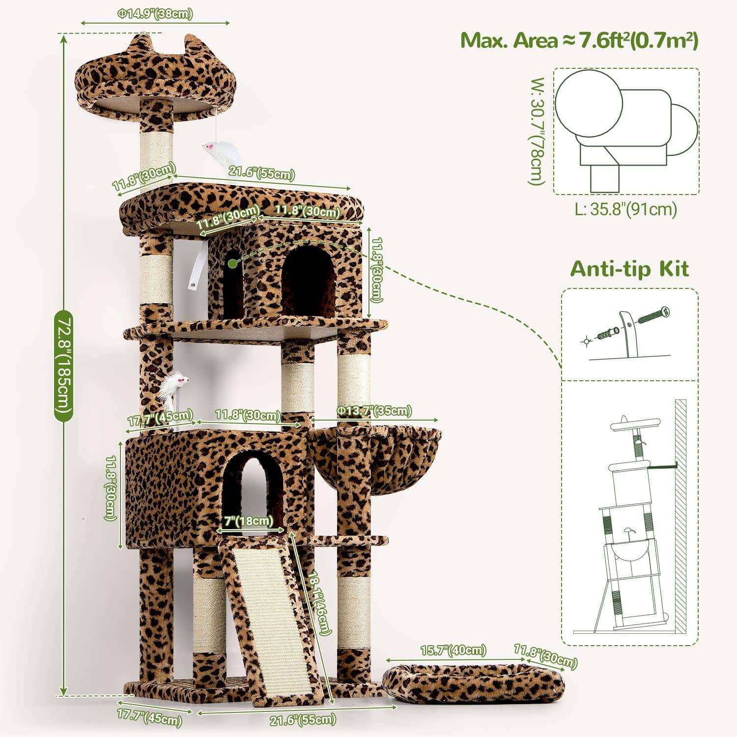 Torre rascador de 183 centimetros con diseño leopardo y estructura triangular estable. Incluye cama movil para gatos grandes.