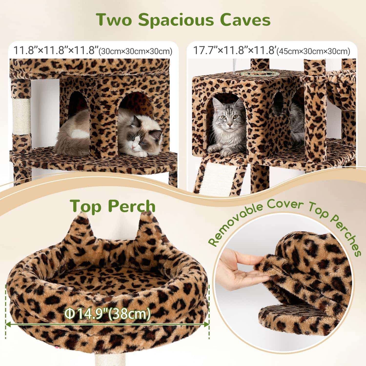 Torre rascador de 183 centimetros con diseño leopardo y estructura triangular estable. Incluye cama movil para gatos grandes.