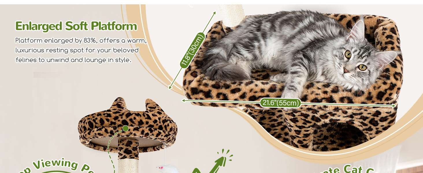 Torre rascador de 183 centimetros con diseño leopardo y estructura triangular estable. Incluye cama movil para gatos grandes.