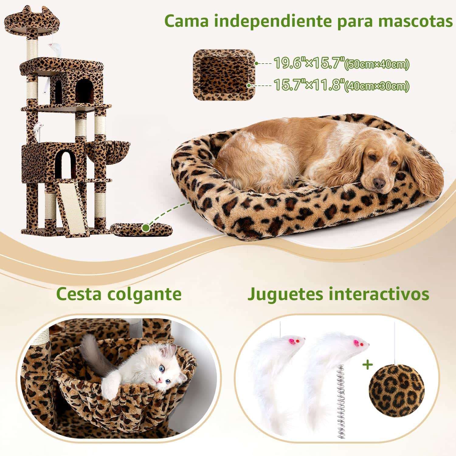 Torre rascador de 183 centimetros con diseño leopardo y estructura triangular estable. Incluye cama movil para gatos grandes.