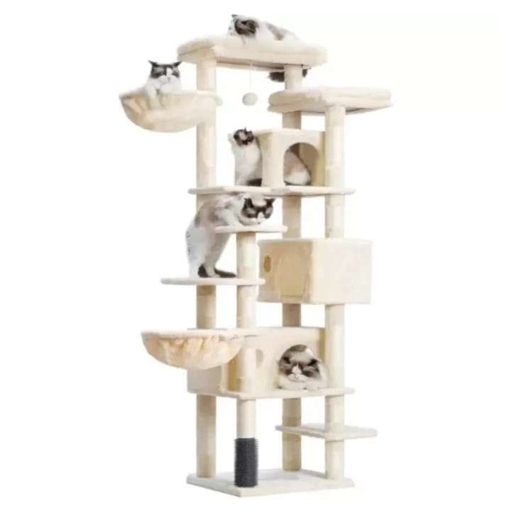 Torre rascador multi-nivel (ciento setenta y cinco centimetros) con triple condominio y doble seguridad para varios gatos.