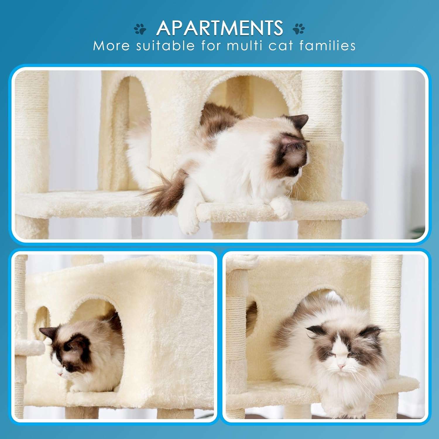 Torre rascador multi-nivel (ciento setenta y cinco centimetros) con triple condominio y doble seguridad para varios gatos.