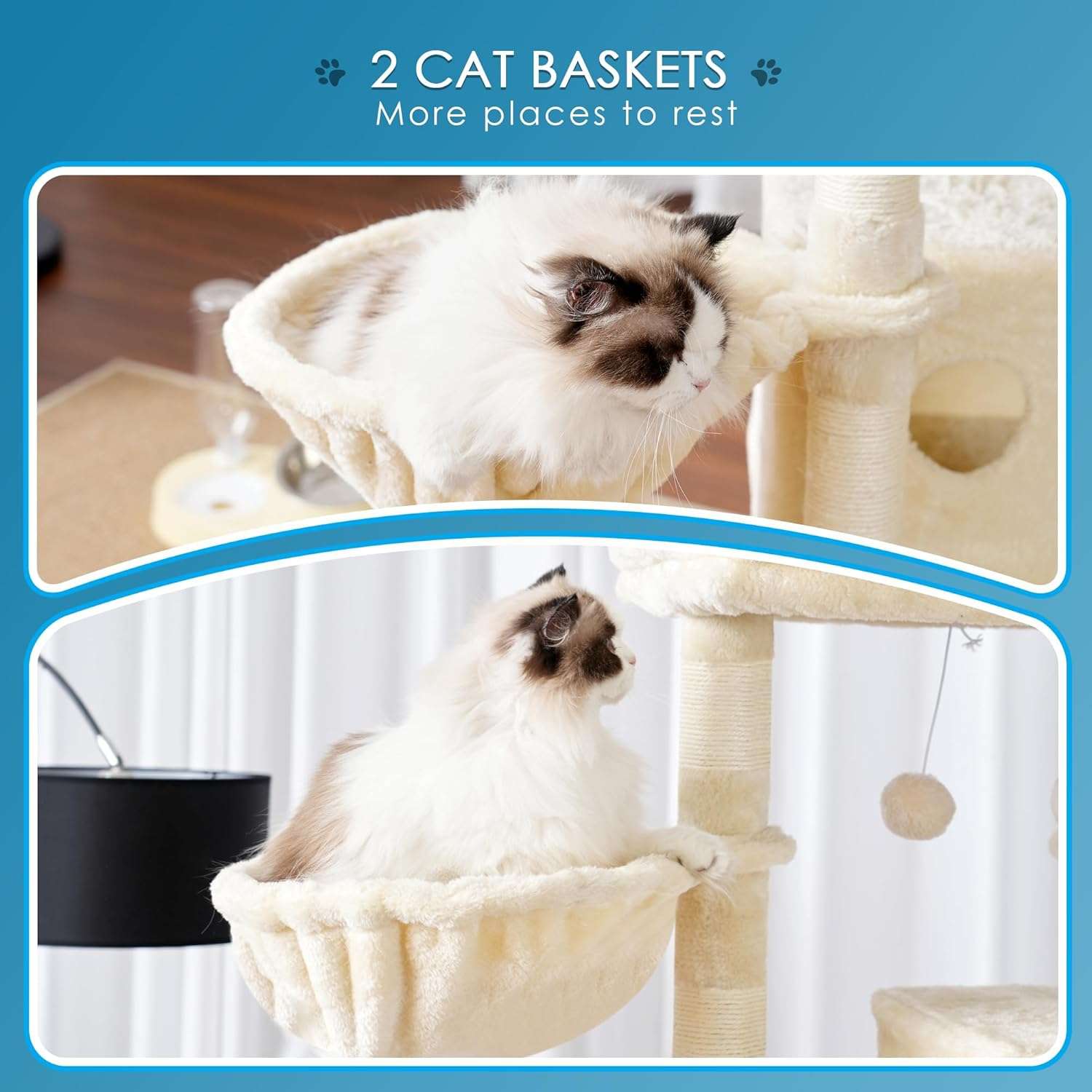 Torre rascador multi-nivel (ciento setenta y cinco centimetros) con triple condominio y doble seguridad para varios gatos.