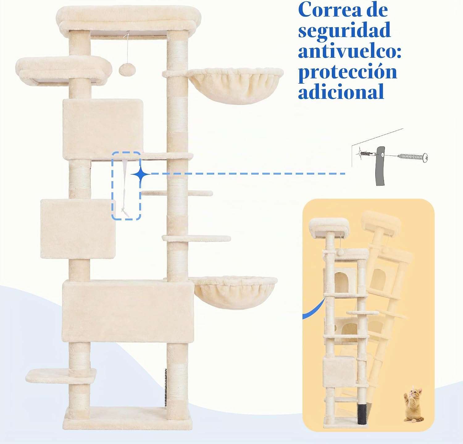 Torre rascador multi-nivel (ciento setenta y cinco centimetros) con triple condominio y doble seguridad para varios gatos.