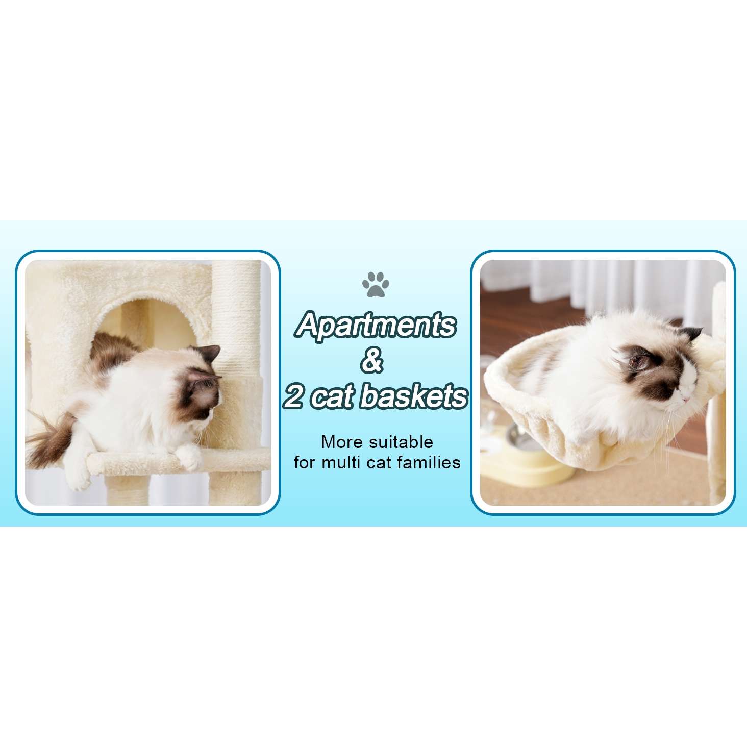 Torre rascador multi-nivel (ciento setenta y cinco centimetros) con triple condominio y doble seguridad para varios gatos.