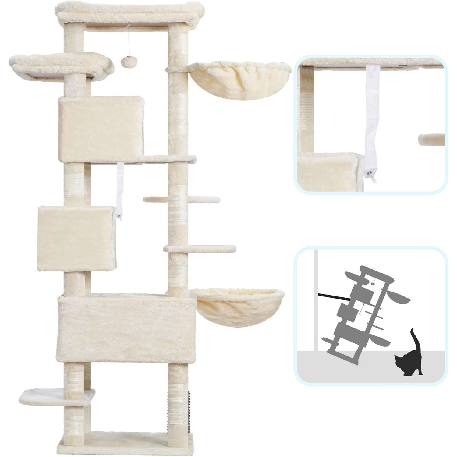 Torre rascador multi-nivel (ciento setenta y cinco centimetros) con triple condominio y doble seguridad para varios gatos.