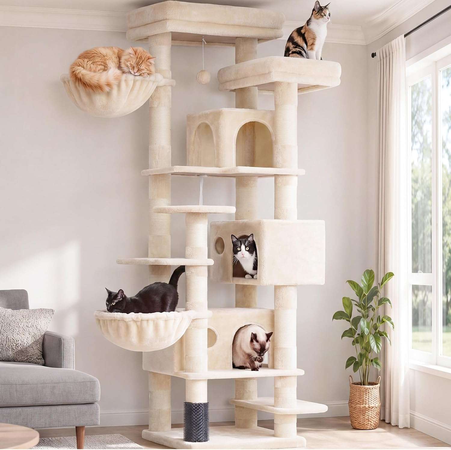 Torre rascador multi-nivel (ciento setenta y cinco centimetros) con triple condominio y doble seguridad para varios gatos.