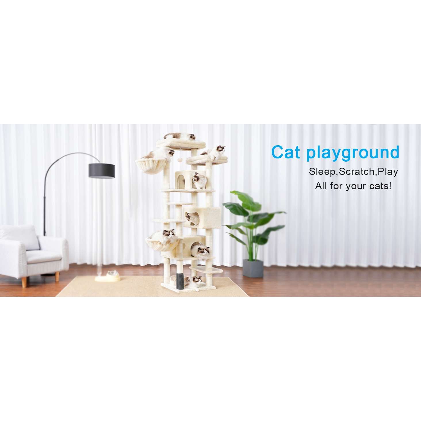 Torre rascador multi-nivel (ciento setenta y cinco centimetros) con triple condominio y doble seguridad para varios gatos.