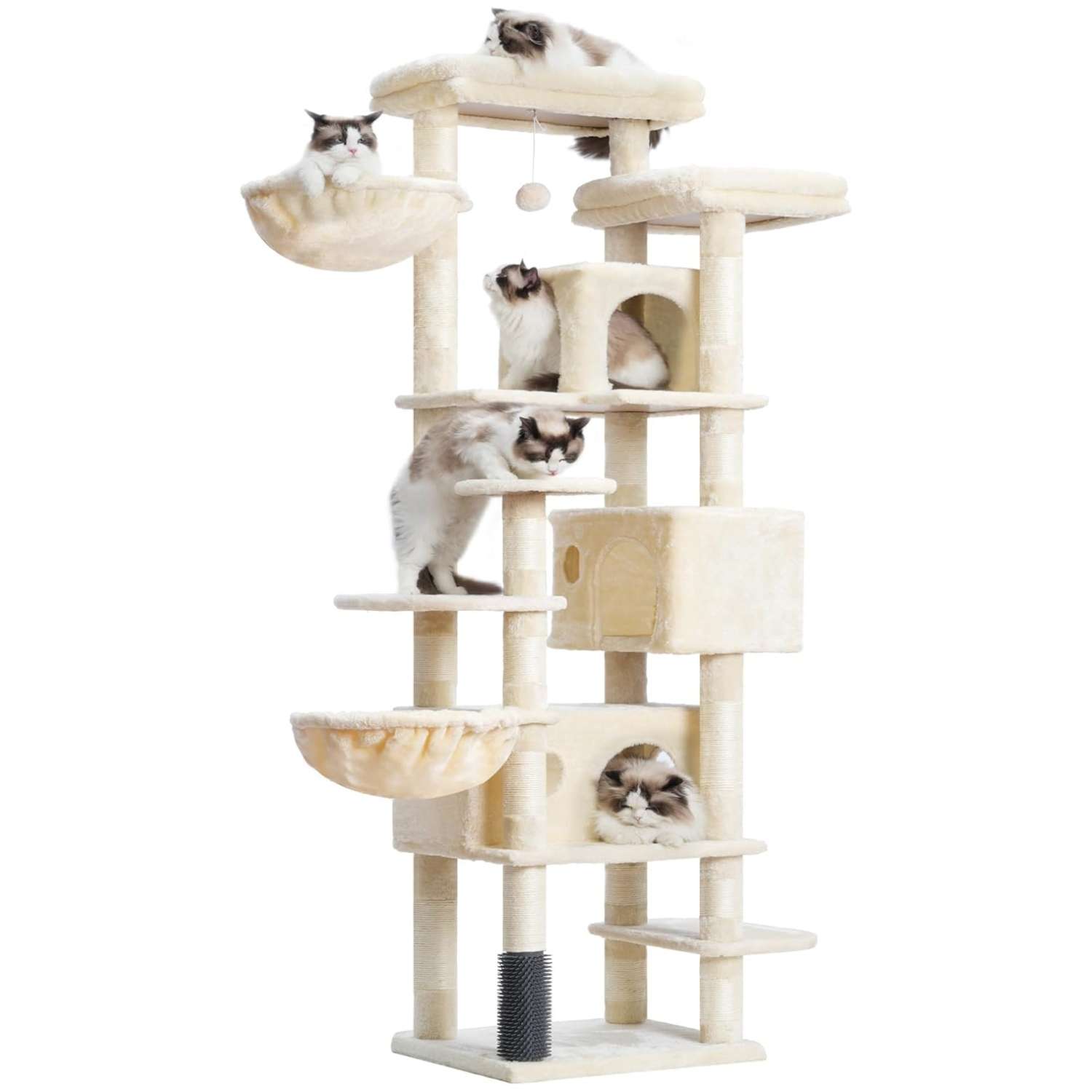 Torre rascador multi-nivel (ciento setenta y cinco centimetros) con triple condominio y doble seguridad para varios gatos.