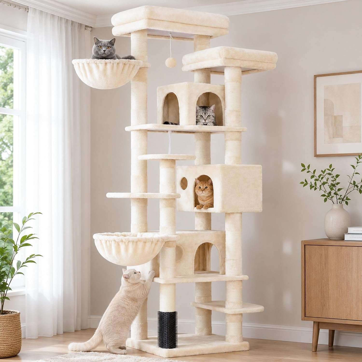 Torre rascador multi-nivel (ciento setenta y cinco centimetros) con triple condominio y doble seguridad para varios gatos.