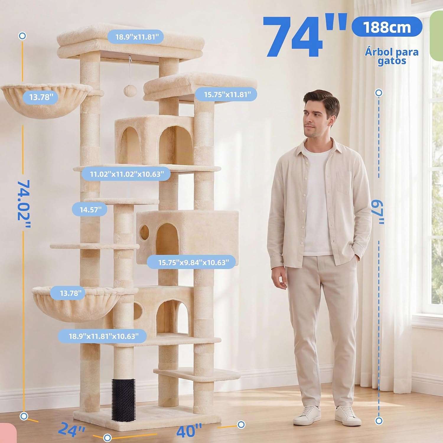 Torre rascador multi-nivel (ciento setenta y cinco centimetros) con triple condominio y doble seguridad para varios gatos.